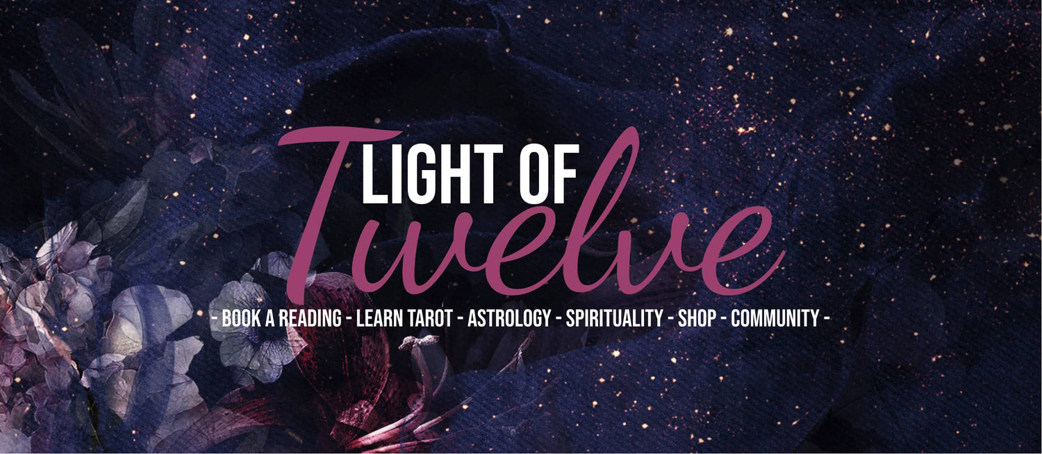 a slideshow banner that says Light of Twelve: book a psychic reading, learn tarot card meanings, learn astrology, learn spirituality, learn crystal healing, buy crystals, and community on a space background with flowers that are purple.