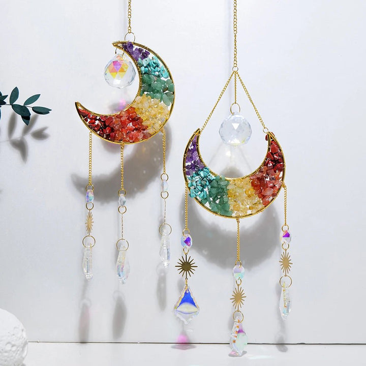 Chakra Crystal Crescent Moon Suncatchers – Infuse Your Space with Radiant Energy and Balance - Light Of Twelve