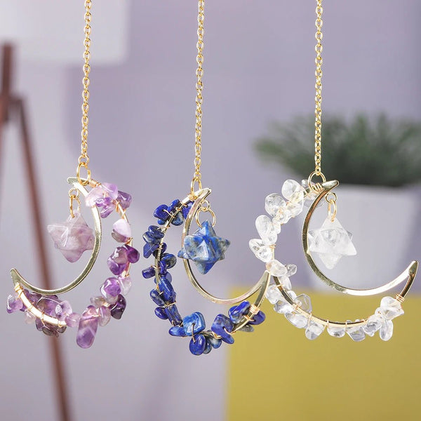 Crescent Moon Crystal Chip & Merkaba Pendants – Elegance, Healing, and Cosmic Connection - Light Of Twelve