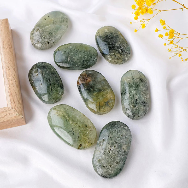 Prehnite with Epidote Inclusion Palm Stones – Healing, Intuition & Emotional Harmony - Light Of Twelve