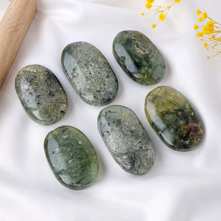 Prehnite with Epidote Inclusion Palm Stones – Healing, Intuition & Emotional Harmony - Light Of Twelve