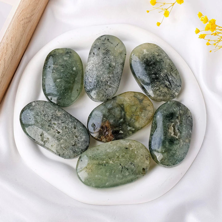 Prehnite with Epidote Inclusion Palm Stones – Healing, Intuition & Emotional Harmony - Light Of Twelve