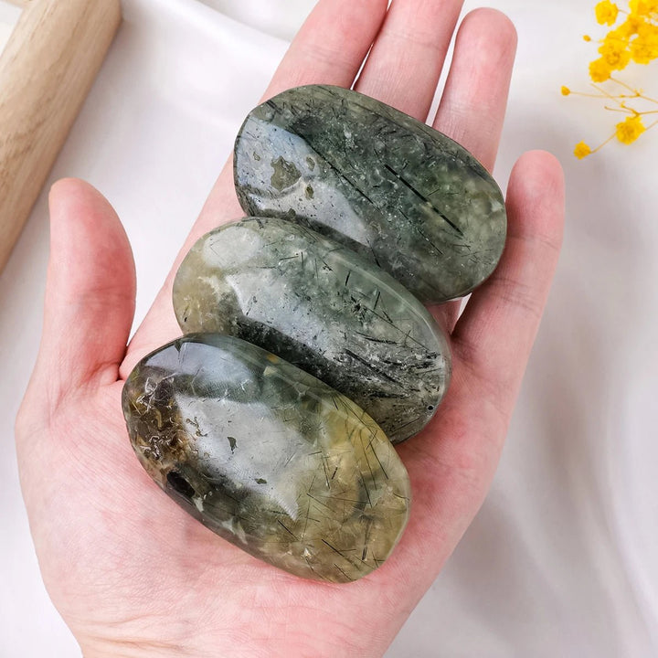 Prehnite with Epidote Inclusion Palm Stones – Healing, Intuition & Emotional Harmony - Light Of Twelve