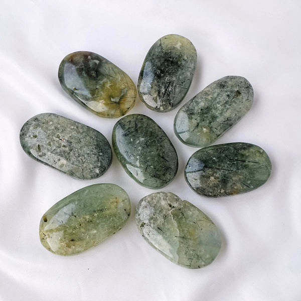 Prehnite with Epidote Inclusion Palm Stones – Healing, Intuition & Emotional Harmony - Light Of Twelve